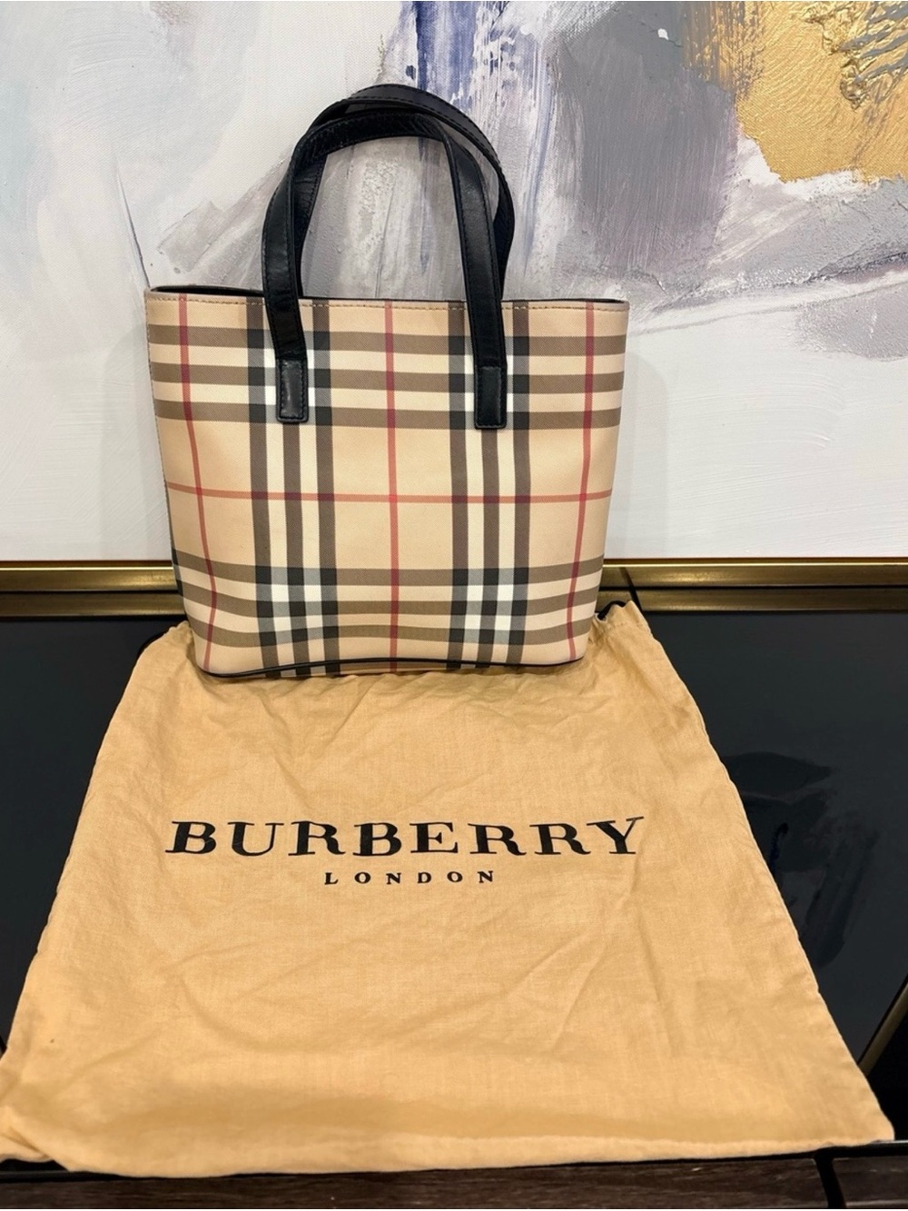 Burberry Beige Classic Check Mini Tote with Black Handles